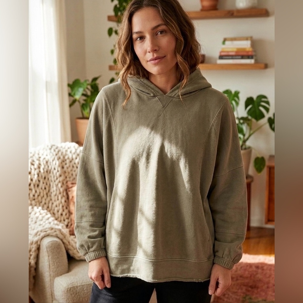 American Rag Olive Green Distressed Oversized Cotton Blend Pullover Hoodie